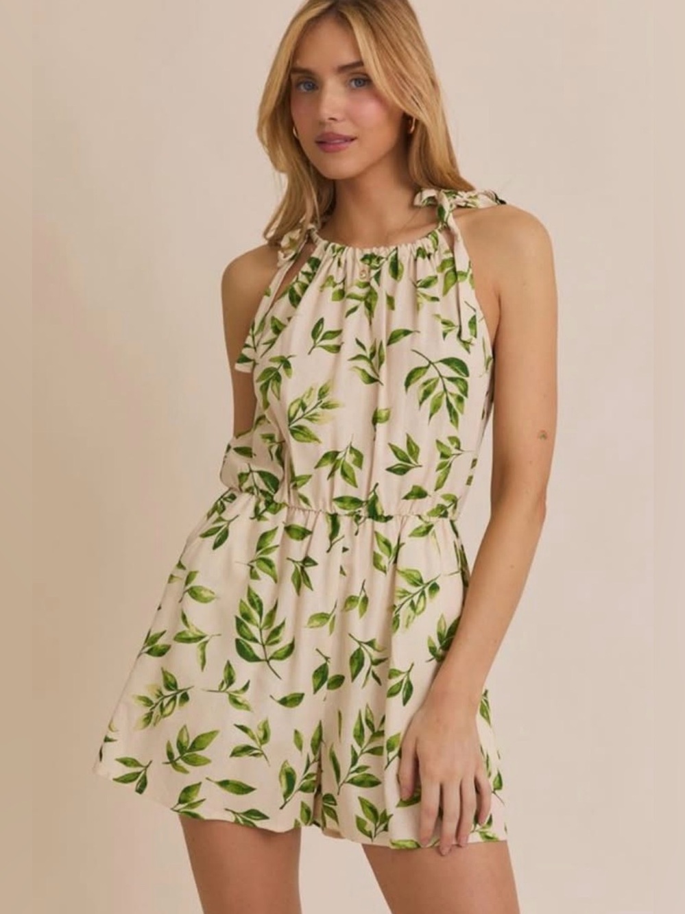 Gilli Cream Linen-Blend Leaf Print Tie-Strap Romper
